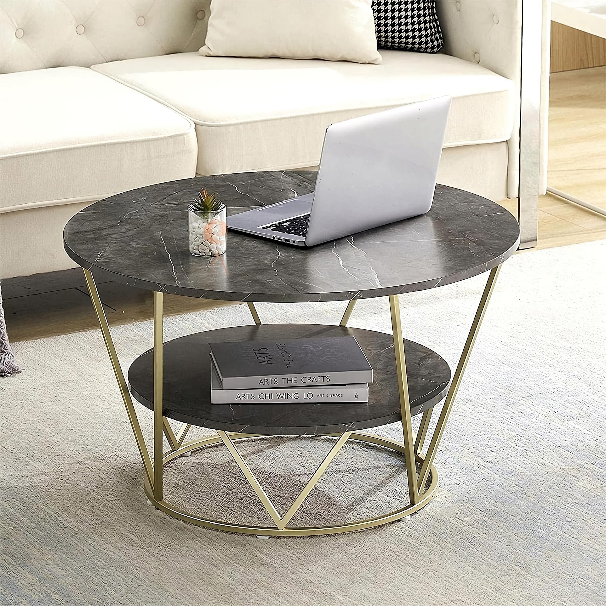 Round Coffee Table, 80cm Grey Gold Faux Marble Table with 2 Tier Storage for Home, Living Room (Grey-Gold) - COCO-Gray-CoffeeTableGG&G-FWS Round Coffee Table, 80cm Grey Gold Faux Marble Table with 2 Tier Storage for Home, Living Room (Grey-Gold) - COCO-Gray-CoffeeTableGG&G-FWS